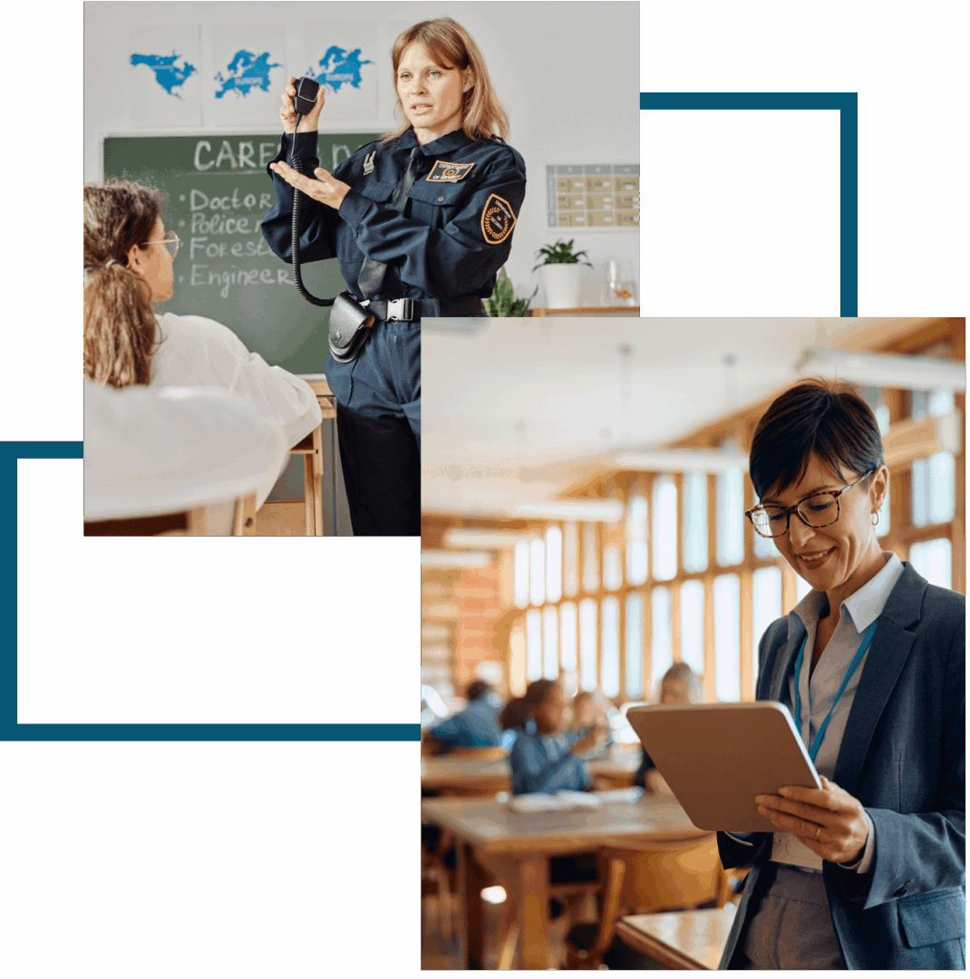 Police officer teaching; woman with tablet.