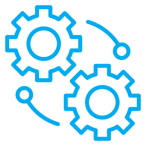 Blue gears with connecting lines icon.