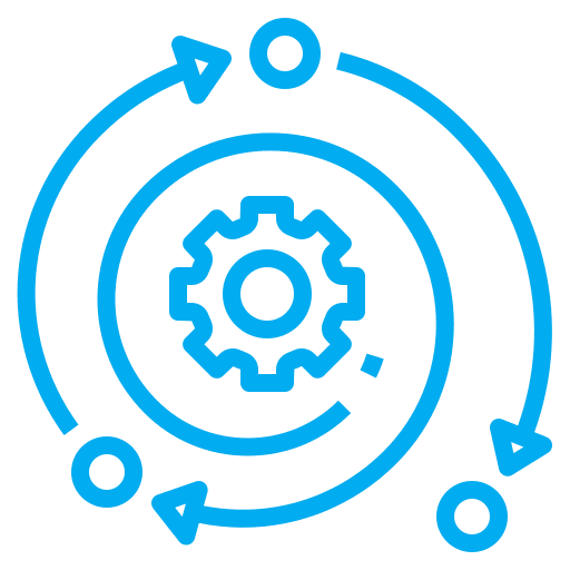 Gear with circular arrows on black background.